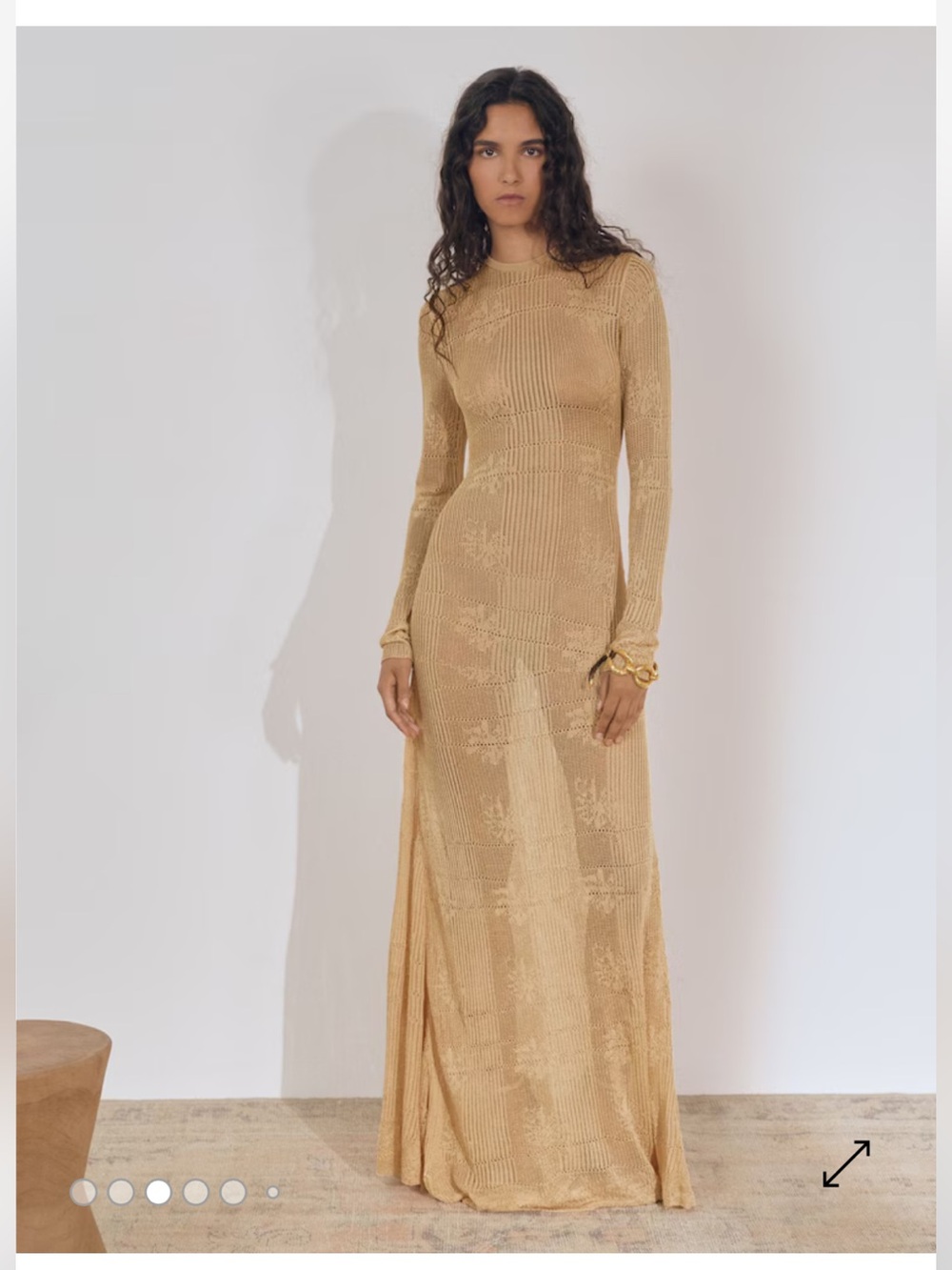 Reiss Atelier Lucia Lace Knit Rouched Long-Sleeve Maxi Dress in Gold NWOT - Picture 2 of 12